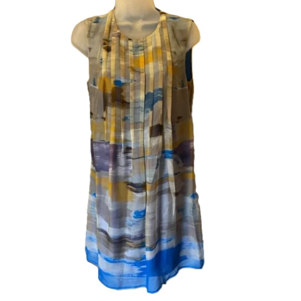 Calvin Klein 100% Silk Sapphire Blue Watercolor Sleeveless Dress Sz 6